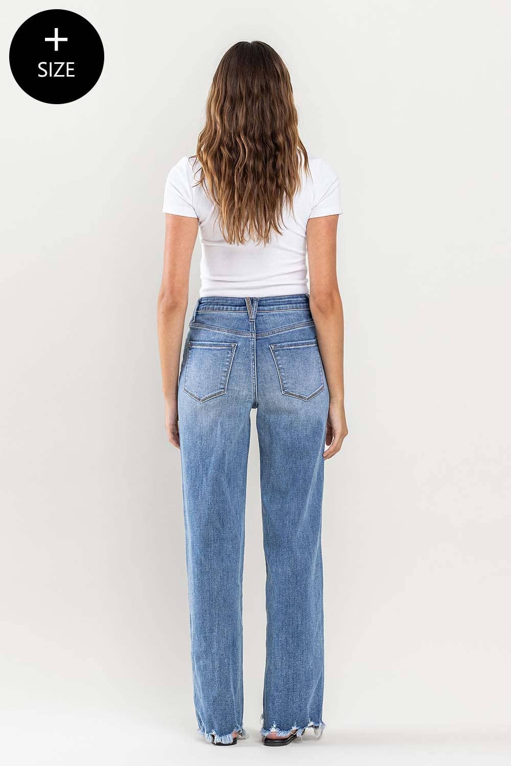 PLUS SIZE SUPER HIGH RISE RAW HEM LOOSE FIT MEDIUM DENIM