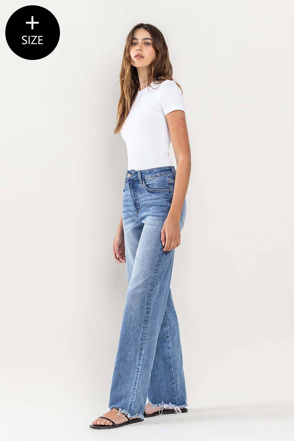 PLUS SIZE SUPER HIGH RISE RAW HEM LOOSE FIT MEDIUM DENIM