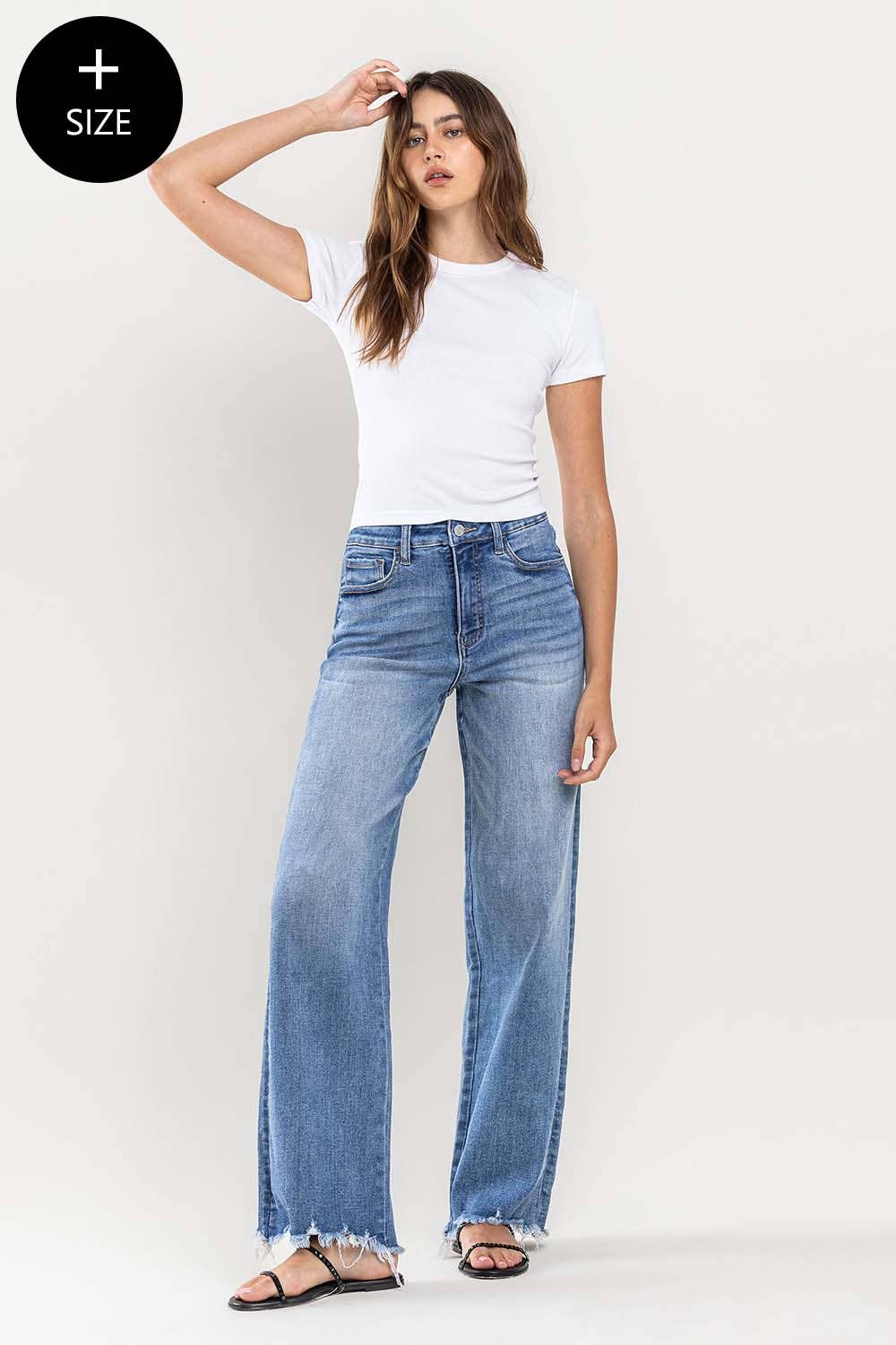 PLUS SIZE SUPER HIGH RISE RAW HEM LOOSE FIT MEDIUM DENIM