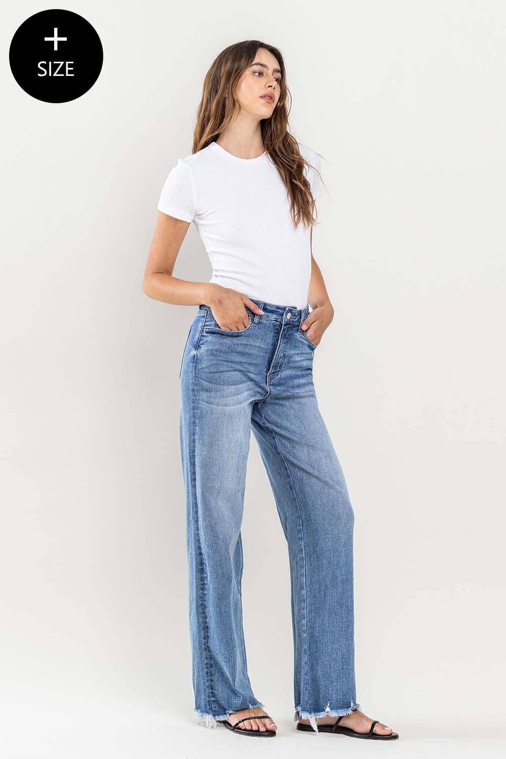 PLUS SIZE SUPER HIGH RISE RAW HEM LOOSE FIT MEDIUM DENIM