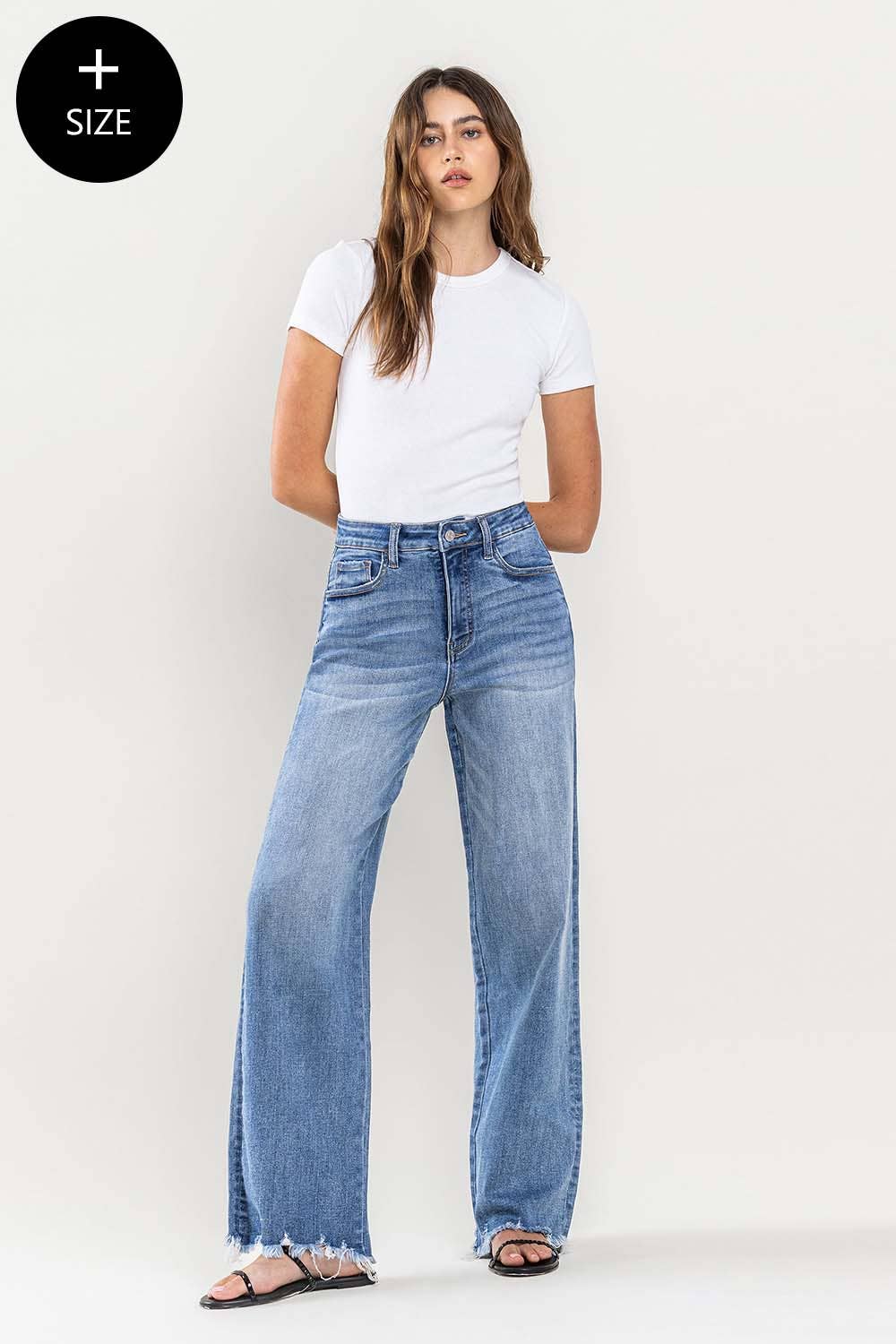 PLUS SIZE SUPER HIGH RISE RAW HEM LOOSE FIT MEDIUM DENIM