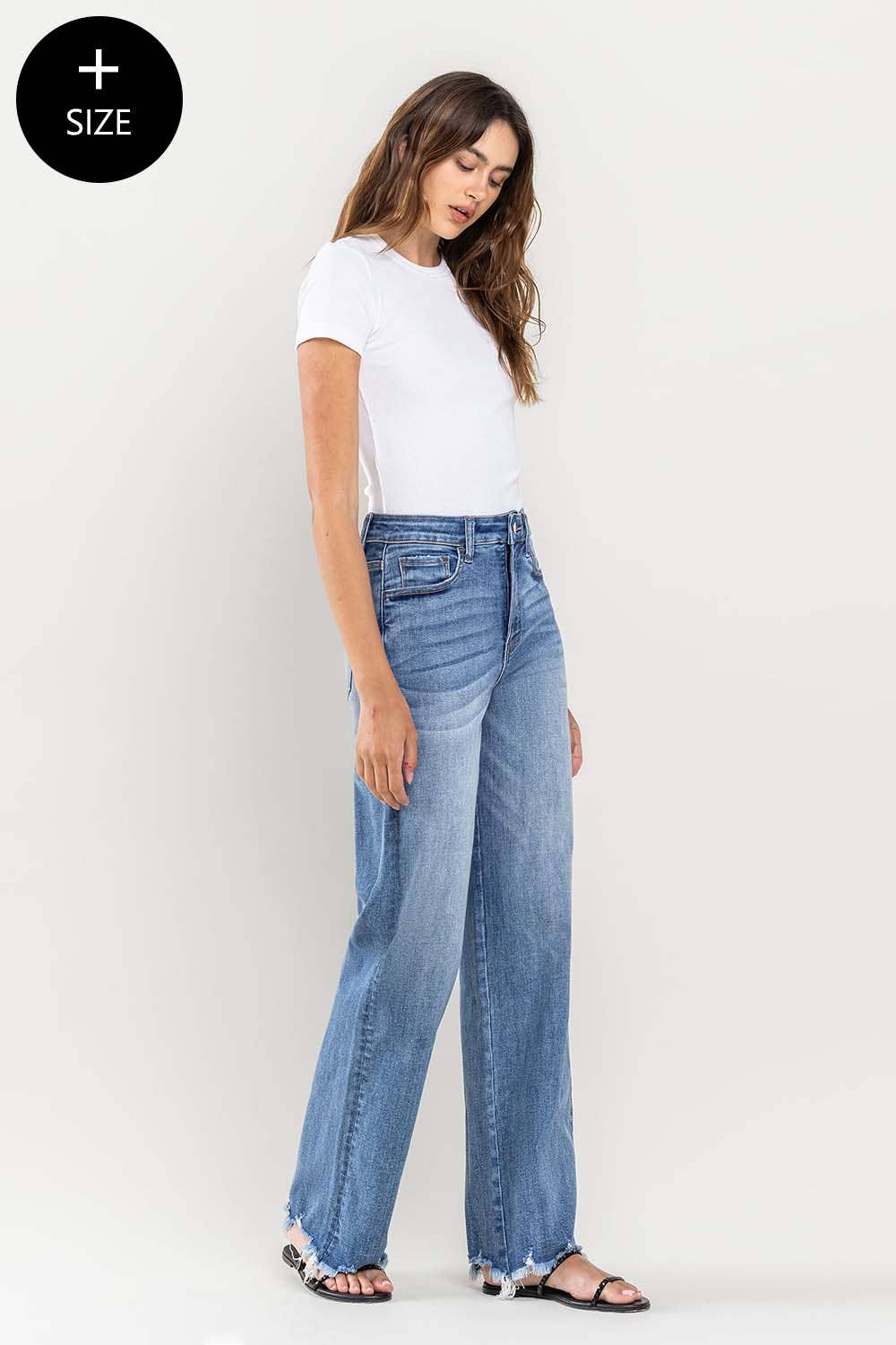 PLUS SIZE SUPER HIGH RISE RAW HEM LOOSE FIT MEDIUM DENIM