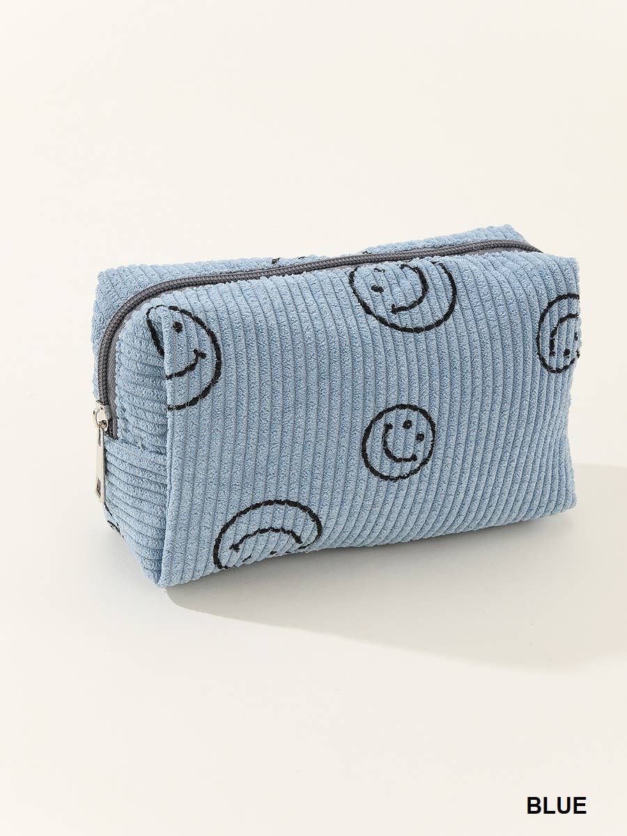 SMILEY FACE CORDUROY COSMETIC POUCH BAG