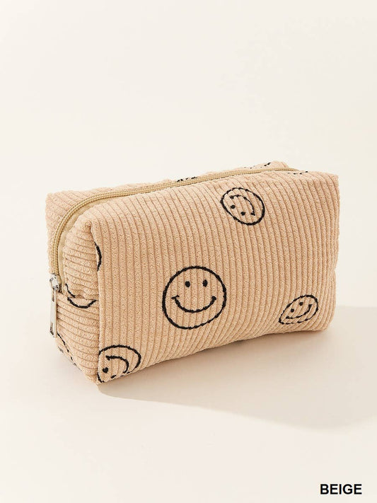 SMILEY FACE CORDUROY COSMETIC POUCH BAG